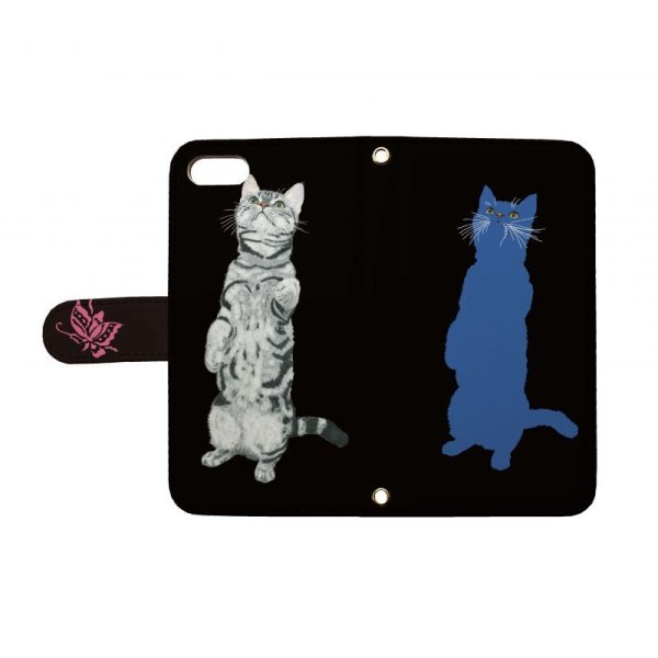 画像1: [TETSUJI SHIRAKAWA]cat-blue スマホケース 全機種対応 手帳型 ねこ ネコ 猫 (1)