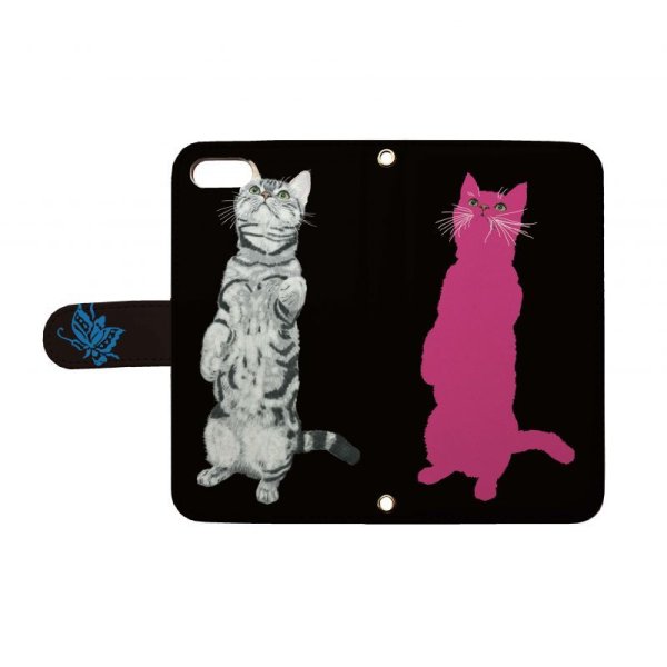 画像1: [TETSUJI SHIRAKAWA]cat-pink スマホケース 全機種対応 手帳型 ねこ ネコ 猫 (1)